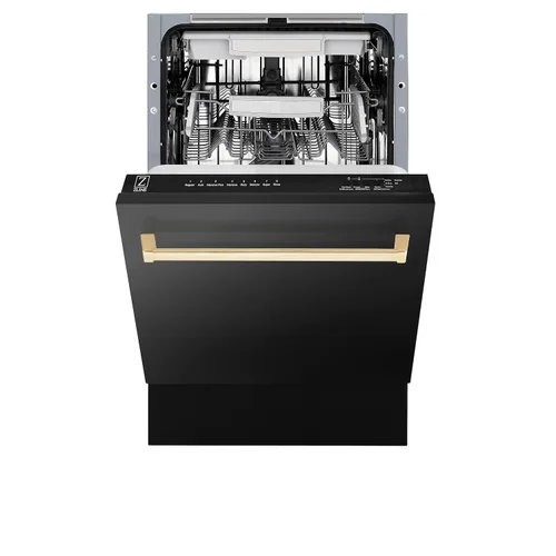 Vista 8 de ZLINE Autograph Edition - Lavavajillas compacto de 18 pulgadas con control superior en acero inoxidable negro con mango dorado, 51dBa (DWVZ-BS-18-G)