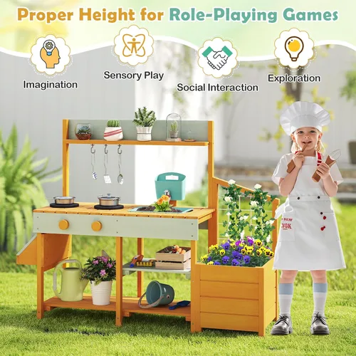 Vista 8 de Costzon Cocina de barro, banco de madera para macetas para niños con grifo extraíble, fregadero, estufas, pomos de rotación, cajas para macetas