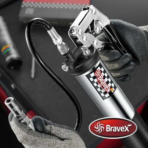 Vista 3 de Bravex - Pistola engrasadora profesional resistente con agarre de pistola, 6000 PSI - Manguera flexible de 457 mm