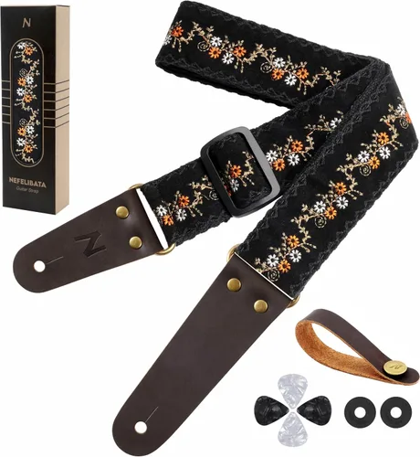 Vista 17 de Nefelibata Correa de guitarra, correas de guitarra de algodón bordadas con extremos de cuero de vaca para bajo, guitarras eléctricas y acústicas