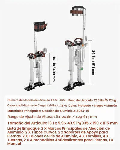 Vista 7 de VEVOR Zancos para paneles de yeso, zancos de pintor de aluminio ajustables de 16.1 a 24.1 pulgadas, capacidad de carga de 228 libras, patas de goma