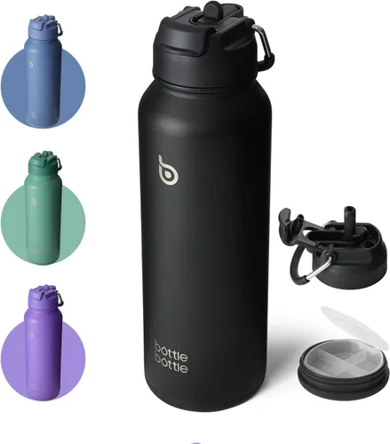 Vista 13 de Botella Botella Botella de agua deportiva de 40 oz de acero inoxidable, botella de agua aislada con popote y porta pastillas Dual-use