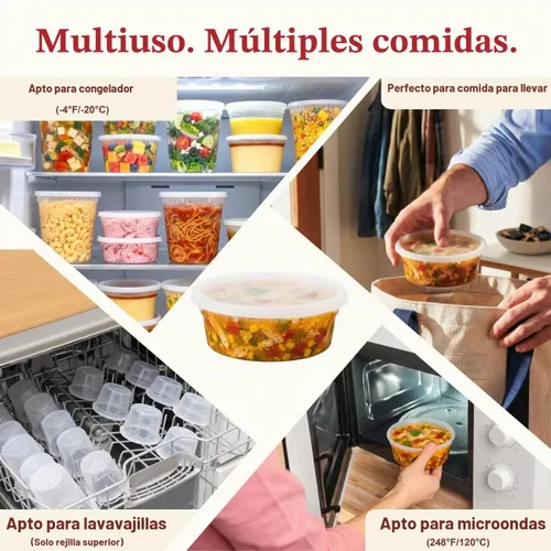 Vista 4 de Recipientes de plástico de 8 onzas con tapas (48 juegos/96 piezas) recipientes de sopa de plástico sin BPA con tapas, aptos para microondas