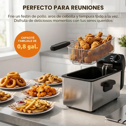 Vista 4 de OSTBA Freidora eléctrica con canasta, freidora de encimera de acero inoxidable de 1500 W, capacidad de aceite de 3.2 cuartos de galón, control