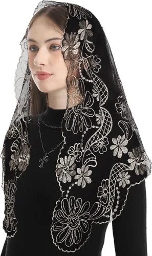 Vista 3 de Bozidol Mantilla triangular con velo de iglesia Cruz de cáliz bordado, velo de misa católica vintage para mujer
