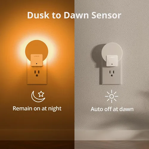 Vista 4 de Lyridz Luz nocturna ámbar enchufable con sensor de atardecer a amanecer, luces nocturnas con sensor de luz LED regulable para baño, pasillo