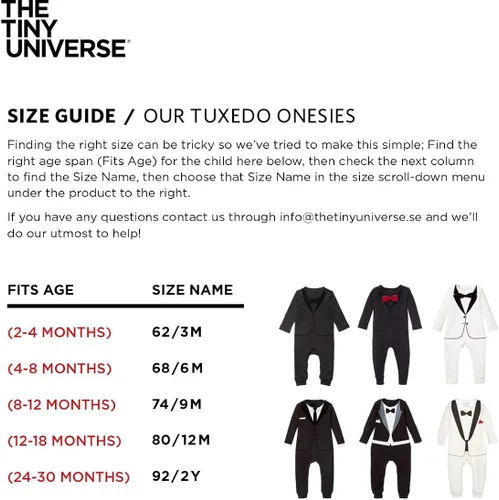 Vista 3 de The Tiny Universe Traje de esmoquin para bebé, diseño sueco original con impresión de esmoquin a base de agua en el pecho