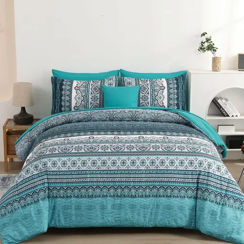 Vista 17 de Cottolester - Juego de edredón bohemio de tamaño matrimonial, 8 piezas, ropa de cama de microfibra suave en una bolsa, rayada y de color aguamarina