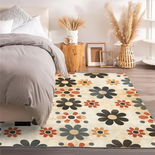 Vista 3 de Alfombra retro con flores, alfombra vintage de 2 x 3 pies, lavable antideslizante, para interiores, para entrada, entrada, cocina, mesita de noche