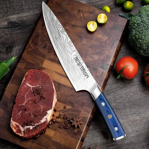 Vista 7 de Cuchillo de chef profesional de 8 pulgadas, acero inoxidable alemán, ultra afilado, para carne vegetal, con protector de cuchillo