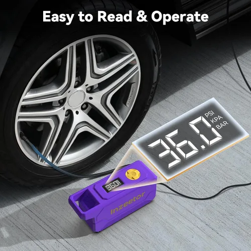 Vista 5 de Compresor de aire portátil con inflador de neumáticos de 150 PSI con presión digital, morado Bomba de aire de apagado automático de 12V DC Luz LED