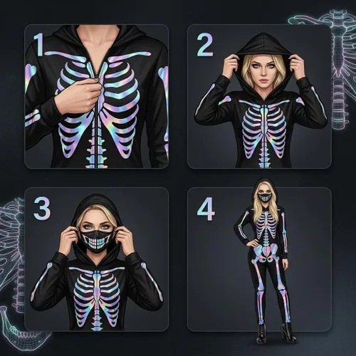 Vista 6 de Disfraz de esqueleto para mujer, neón 3D, enterizo de Body llamativo con estampado de esqueleto 3D de arcoíris para Halloween, cosplay, noche