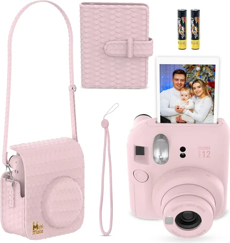 Vista 2 de Fujifilm Cámara instantánea Instax Mini 12 color rosa flor + estuche personalizado Minimate + película fotográfica Fuji Instax 10 hojas y álbum