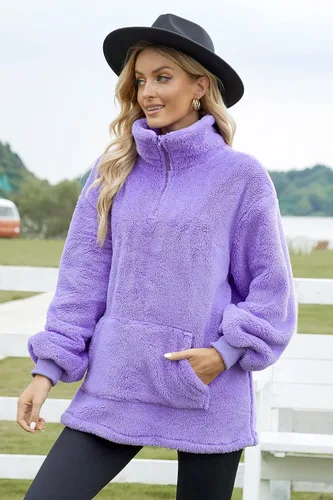 Vista 4 de Sudadera de forro polar mullido para mujer, con cierre de oso, cuello alto, de gran tamaño, con bolsillo