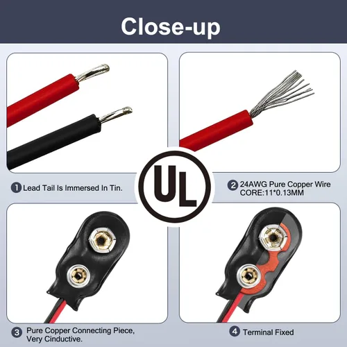 Vista 4 de CHANZON Conector de clip de batería de 9 V, soporte de carcasa de cuero tipo I y cable UL de plomo desnudo paquete de 20 piezas kit para Arduino