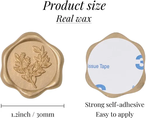 Vista 2 de UNIQOOO Pegatinas de sello de cera - Sobres de invitación de boda con sello de eucalipto, 100 piezas de pegatinas autoadhesivas metálicas de Oro