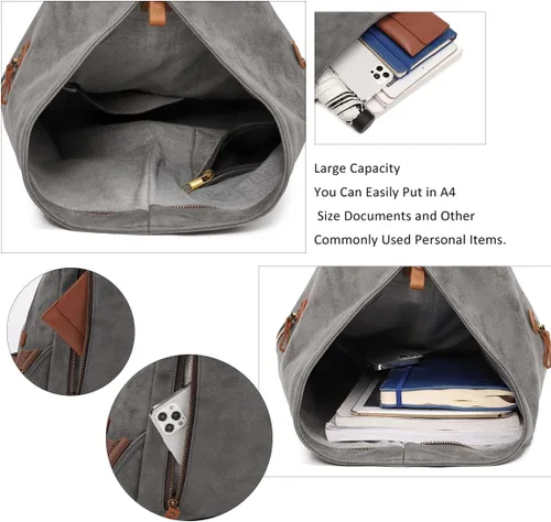 Vista 4 de KL928 Mochila vintage de lona – Mochila grande informal para viajes al aire libre, mochila de senderismo para hombres y mujeres, gris