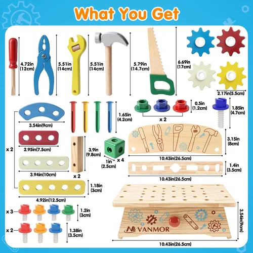 Vista 3 de Juego de herramientas de madera para niños, 57 piezas de juguete
