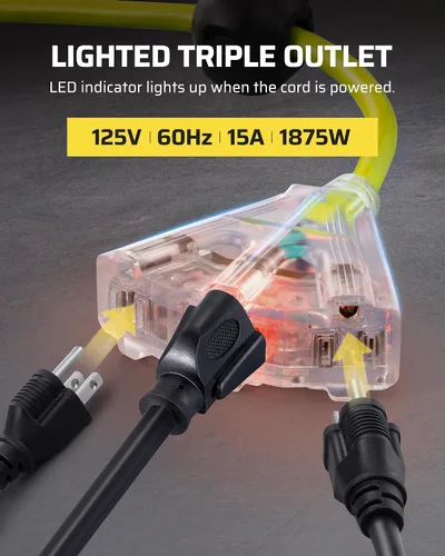 Vista 6 de DEWENWILS - Carrete de cable retráctil de 60 pies, cable SJTOW de 12 AWG, certificación UL, amarillo 12/3C SJTOW, 15A Circuit Breaker, 180° Swivel