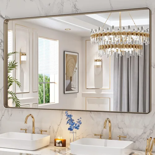 Vista 110 de LOAAO 20x16 Pulgadas Espejo de Baño con Marco de Metal Negro para Pared, Espejo de Tocador de Baño de Estilo Granja, Espejo Grande Rectangular