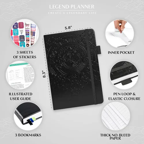 Vista 2 de Legend - Agenda diaria sin fecha, camino de día por hora, A5 de 3 meses Negro