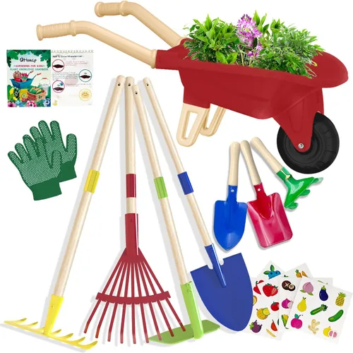 Vista 9 de Qtioucp - Juego de herramientas de jardinería para niños, juguetes al aire libre, juego de patio trasero con carretilla, juguetes educativos STEM