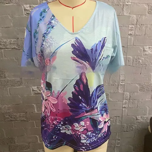 Vista 3 de Janepam Camiseta para mujer, diseño floral, mariposa, acuarela, paisaje, estampado gráfico, manga corta, cuello en V, holgada, para mujer
