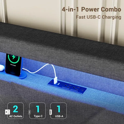 Vista 5 de BTHFST Marco de cama flotante tamaño completo con cabecera de luces LED RGB, tomas de corriente USB-C/A, cama de plataforma tapizada en lino
