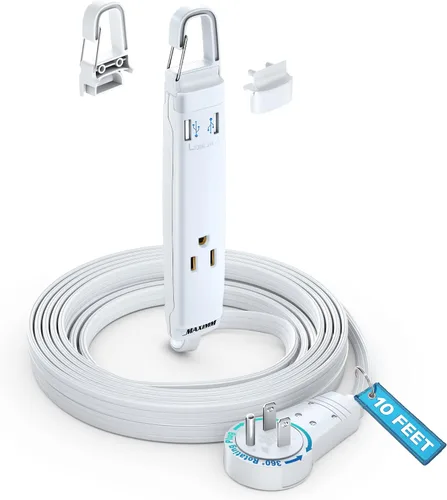 Vista 18 de Maximm Cable de extensión de 1 pie con puertos USB, enchufe plano giratorio 360, 3 salidas (2 puertos USB), conectado a tierra (negro)