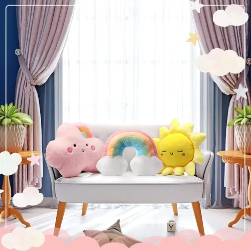 Vista 5 de Queekay Juego de 3 cojines de felpa suave para niños, luna y estrella, almohada de felpa suave para guardería, bonita almohada para habitación