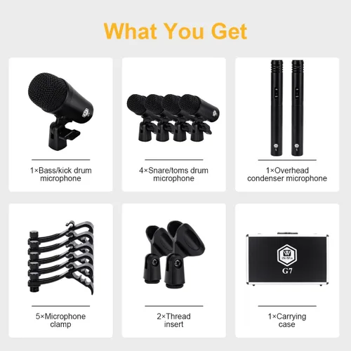 Vista 6 de W IN-MIX Kit de micrófono de batería G7 de 7 piezas, construcción totalmente metálica con salidas XLR, micrófonos dinámicos para patada, trampa