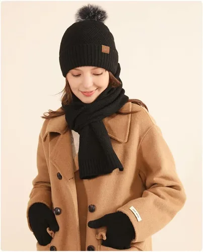 Vista 31 de Bufanda de punto de lana, gorro de esquí, guantes táctiles para invierno, para mujer y hombre