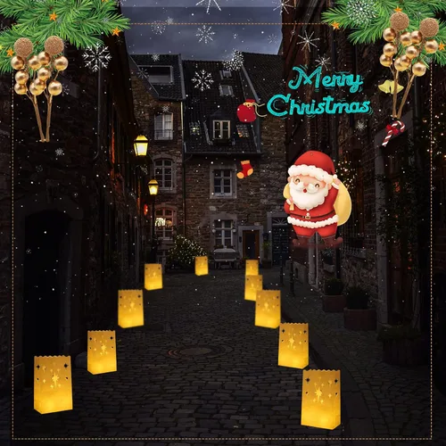 Vista 2 de Sabary Juego de 50 bolsas luminarias con velas de té sin llama, luminarias de Navidad, farol LED, bolsas para velas para cumpleaños, bodas