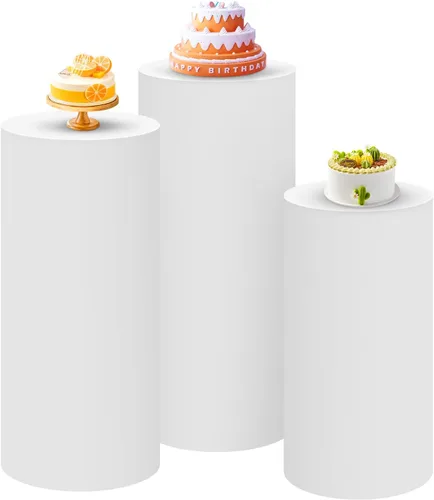 Vista 25 de SaitiMade Juego de 3 fundas para pedestal de cilindro beige, fundas de elastano para decoración de fiestas, bodas o eventos de cumpleaños, solo