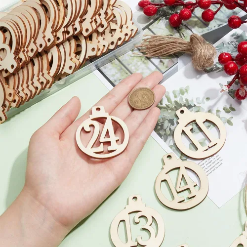 Vista 3 de NBEADS 96 piezas de números de madera para Navidad, 1-24 calendario de Adviento de cuenta regresiva de Navidad, colgantes de números de madera