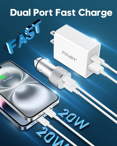 Vista 3 de Cargador de coche para iPhone 17/17 Pro Max/17e de carga rápida, cargador de coche USB C de 40 W + bloque de cargador USB C de 20 W + cable de 2 x 6