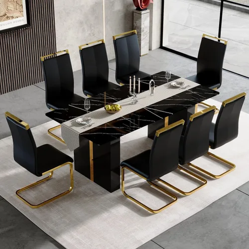 Vista 28 de Mesa de comedor moderna para mesa de comedor de mármol sintético blanco de 6, 8, 71 pulgadas, con patas negras y doradas, mesa de cocina rectangular