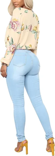 Vista 56 de KUNMI - Pantalones de mezclilla clásicos de cintura alta para mujer, elásticos, con efecto de levantamiento de glúteos, ajustados