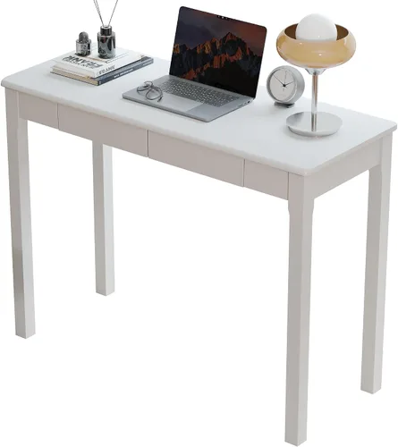 Vista 28 de Escritorio de madera maciza con cajones, escritorios estrechos simples de 24 x 16 pulgadas, mesa de estudio de madera de goma, escritorio pequeño