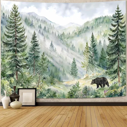 Vista 16 de kampdream Tapiz de bosque de montaña, tapiz de pared con diseño de árbol blanco y negro brumoso, paisaje de acuarela, tapiz de paisaje natural