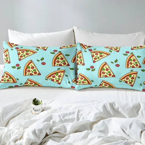 Vista 8 de Juego de sábanas de pizza de dibujos animados para niños, adolescentes, sábana bajera moderna y bohemia para niños y adultos, suave, verde