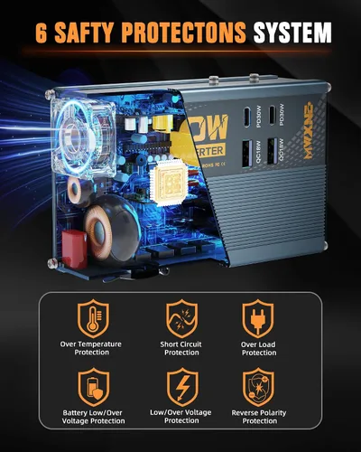 Vista 5 de Inversor de corriente de 300 W DC 12 V a 110 V Adaptador de CA con dos salidas de CA/2 puertos USB PD30W USB-C/2 QC18W/1 toma de encendedor