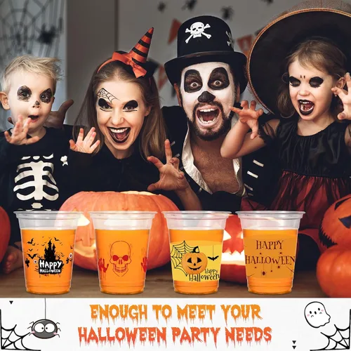 Vista 4 de CHENGU Vasos de plástico transparente desechables para fiesta de Halloween, vasos de plástico transparente impresos para decoración de fiestas