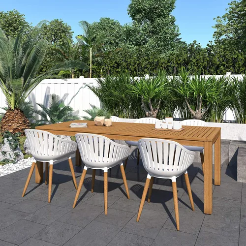 Vista 7 de Brampton Patio Brampton Venice - Juego de comedor rectangular de 7 piezas, acabado de teca oscura y sillas grises, ideal para patio y exteriores