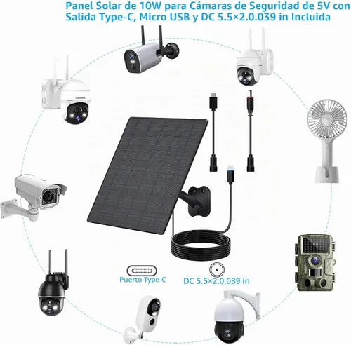 Vista 6 de Panel solar de 10 W para cámaras de seguridad, panel solar de cámara exterior de 5 V con cable USB-C, CC 0.217 x 0.083 in y puerto micro USB