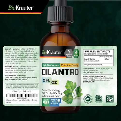 Vista 9 de BIO KRAUTER® Cilantro para limpieza desintoxicante – Suplemento antioxidante vegano, tintura de cilantro natural de 650 mg por porción – Suplemento