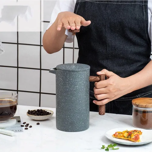 Vista 3 de Cafetera de prensa francesa de acero inoxidable, doble pared aislada, cafetera y tetera, mantiene el café o té preparado caliente, 33.8 fl oz, gris