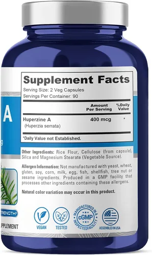 Vista 2 de NusaPure Huperzine A 400mcg 180 cápsulas vegetales (vegetariano, sin OMG y sin gluten)
