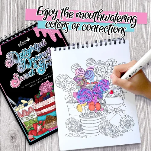 Vista 2 de ColorIt Delightful Postres and Sweet Treats - Libro para colorear para adultos, 50 diseños de una cara, papel liso grueso, tapa dura plana