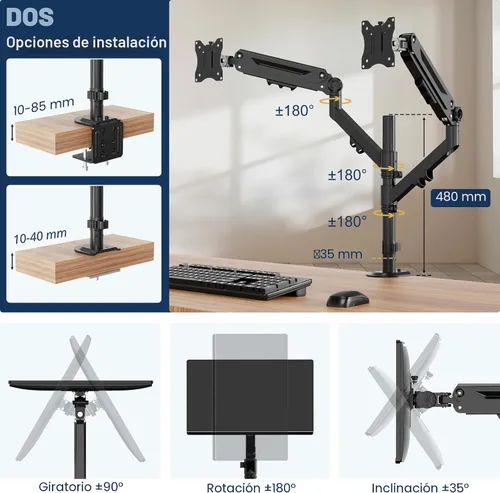Vista 5 de Soporte de escritorio para dos monitores de 17 a 40 pulgadas, soporta hasta 12 kg, brazos de monitor de escritorio para 2 monitores con colocación